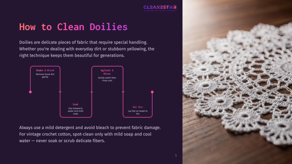 1 How To Clean Doilies Close-Up Of A Delicate, White Crochet Doily With Intricate Floral Patterns Resting On A Rustic Wooden Surface. Text Overlay Provides Cleaning Instructions For Doilies.