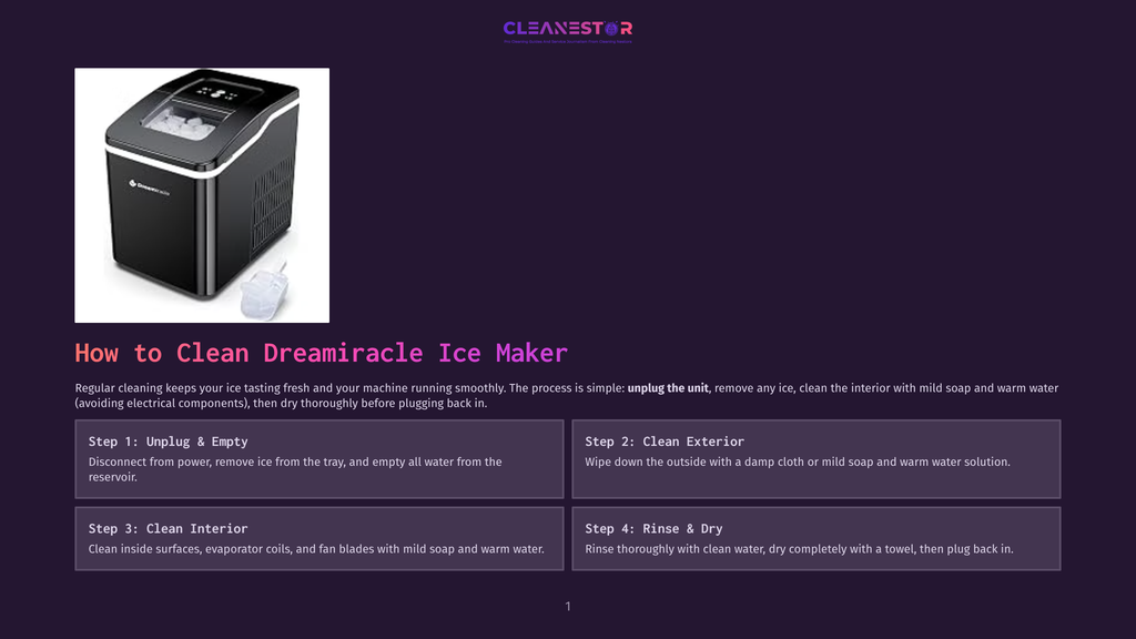 A Dreamiracle Ice Maker Is Shown With Its Lid Open, Revealing Ice Cubes And A Scoop. The Text &Quot;How To Clean Dreamiracle Ice Maker&Quot; Is Prominently Displayed Below.