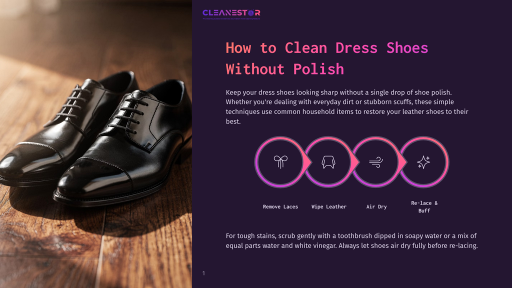 1 How To Clean Dress Shoes Without Polish A Pair Of Polished Black Leather Dress Shoes Rests On A Rustic Wooden Floor. The Image Is Part Of A Guide On How To Clean Dress Shoes Without Polish.