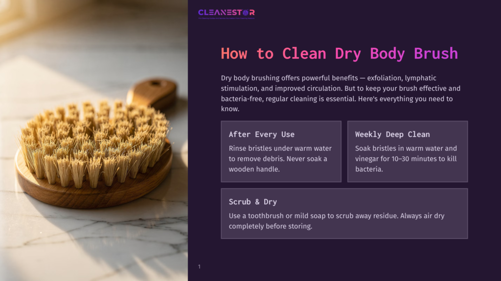 A Natural Bristle Dry Body Brush With A Wooden Handle Rests On A Marble Surface, Bathed In Soft Sunlight. Text Overlay Reads &Quot;Cleanestor How To Clean Dry Body Brush&Quot;.