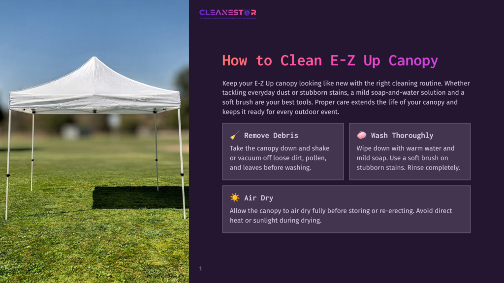1 How To Clean E Z Up Canopy A White E-Z Up Canopy Tent Stands On A Green Lawn Under A Bright Sky, With Instructions For Cleaning And Maintenance Displayed On A Purple Background To The Right.