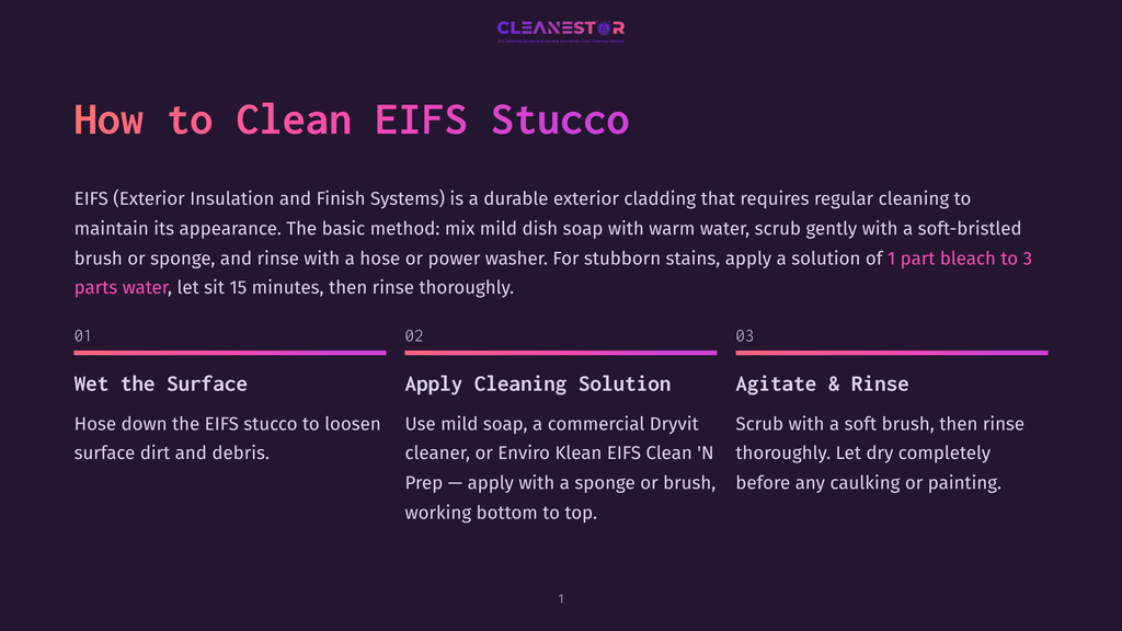 1 How To Clean Eifs Stucco Diagram Showing How To Clean Eifs Stucco: 1. Wet The Surface. 2. Apply Cleaning Solution. 3. Agitate &Amp; Rinse.
