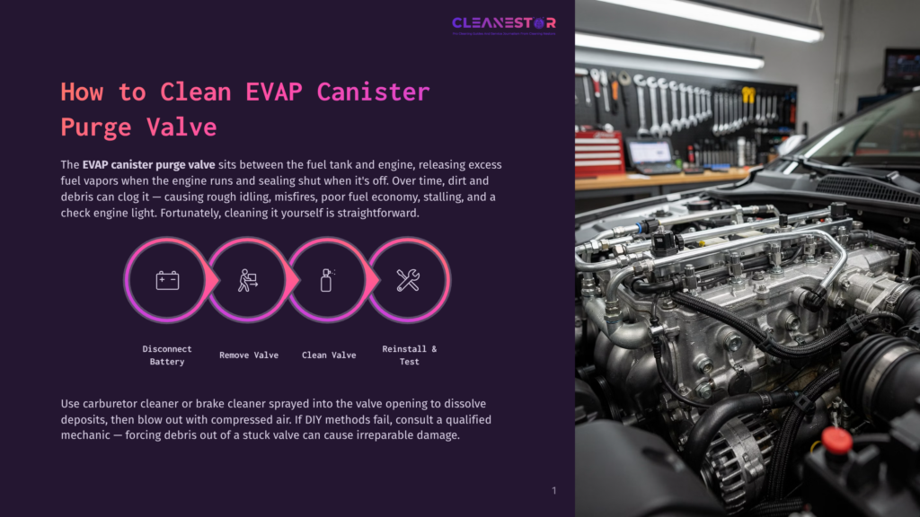 Diagram Illustrating How To Clean An Evap Canister Purge Valve, Showing Steps: Disconnect Battery, Remove Valve, Clean Valve, And Reinstall. Text Reads: &Quot;How To Clean Evap Canister Purge Valve&Quot; And &Quot;Cleanestor&Quot;.
