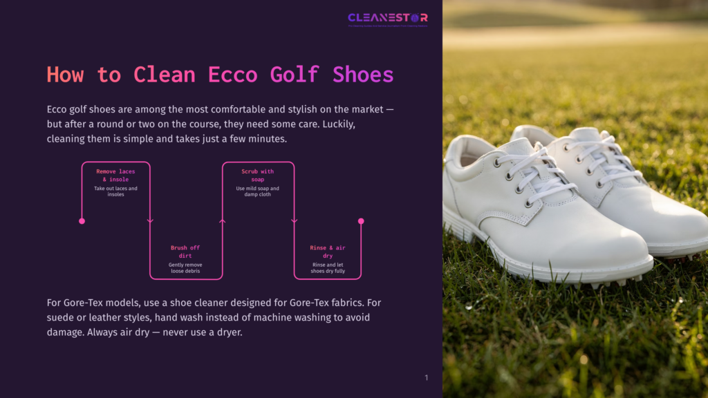 White Ecco Golf Shoes Sit On Lush Green Grass, With A Diagram On The Left Detailing How To Clean Golf Shoes, Including Steps Like Removing Laces, Scrubbing With Soap, And Rinsing.