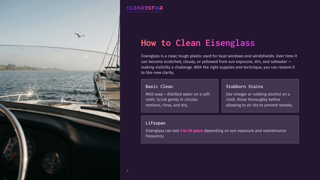 A Close-Up View From Inside A Boat Looking Out At A Calm Sea And Several Sailboats. The Foreground Shows Part Of The Boat'S Interior, With A Clear Windshield Reflecting The Sky. The Text &Quot;Cleanestor&Quot; And &Quot;How To Clean Eisenglass&Quot; Is Visible.