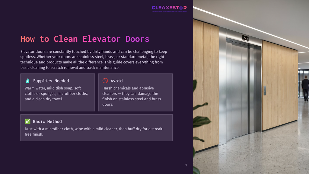 A Modern Office Lobby With Polished Stainless Steel Elevator Doors And Light Wood Paneling. The Doors Are Slightly Ajar, Revealing A Glimpse Of The Elevator Interior, With A Person Walking Away In The Background. The Text &Quot;Cleanestor&Quot; Is Visible At The Top.