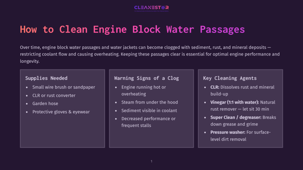Presentation Slide Titled &Quot;How To Clean Engine Block Water Passages,&Quot; Detailing Supplies, Warning Signs Of Clogs, And Key Cleaning Agents Like Clr And Vinegar.