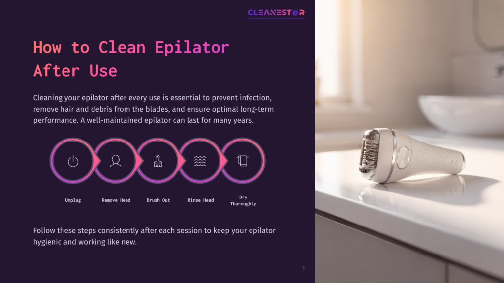 Infographic Showing 5 Steps To Clean An Epilator: Unplug, Remove Head, Brush Out, Rinse Head, Dry Thoroughly.