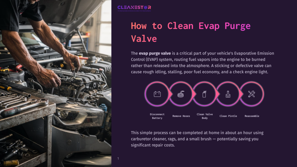 Mechanic Works On A Car Engine, With Tools Laid Out On The Fender. The Image Displays Text &Quot;Cleanestor&Quot; And &Quot;How To Clean Evap Purge Valve&Quot;.