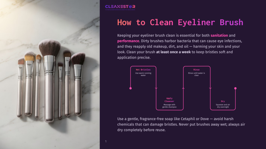A Collection Of Clean Makeup Brushes With Silver Ferrules And Fluffy Brown And White Bristles Arranged On A Marble Surface. Text Overlay Reads &Quot;Cleanestor How To Clean Eyeliner Brush&Quot;.