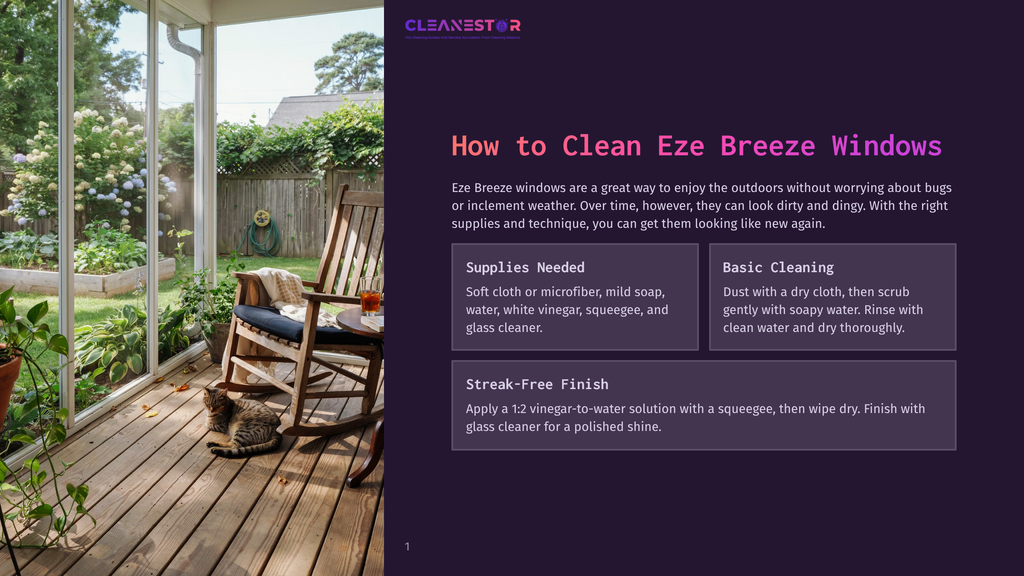 A Screened-In Porch With A Rocking Chair, A Cat, And A Table With A Drink. The Text &Quot;Cleanestor&Quot; Is Visible At The Top.
