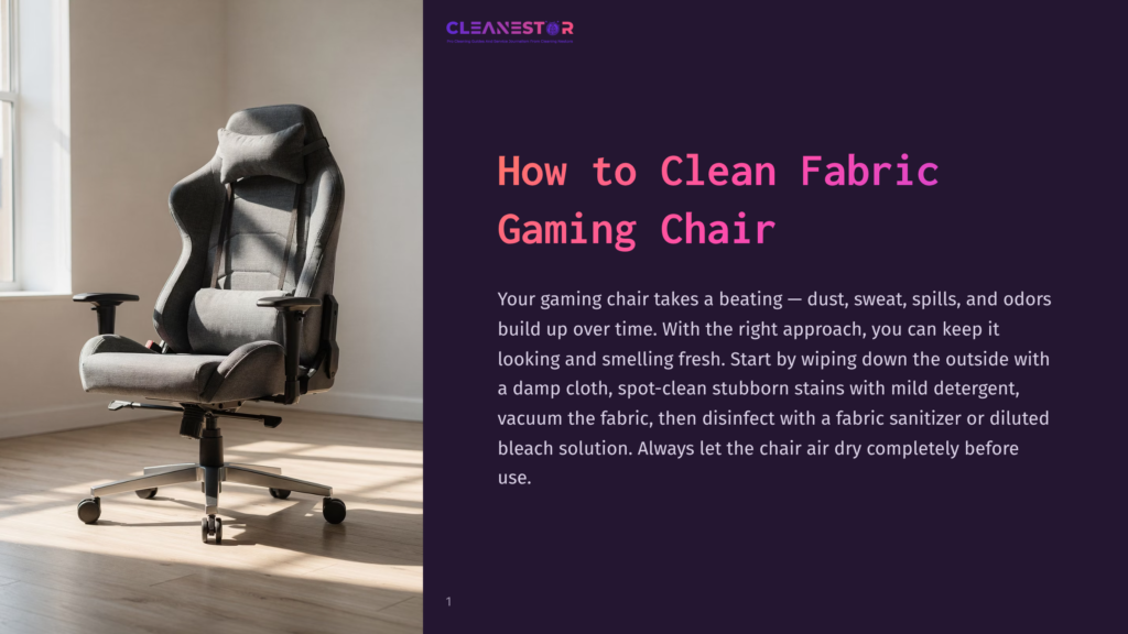 A Grey Fabric Gaming Chair Sits In A Well-Lit Room With Sunlight Streaming In From A Window. The Text &Quot;Cleanestor&Quot; And &Quot;How To Clean Fabric Gaming Chair&Quot; Is Visible On The Right.