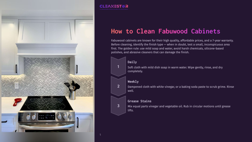 A Modern Kitchen With White Fabuwood Cabinets Above A Stainless Steel Range And Backsplash. Instructions For Cleaning Fabuwood Cabinets Are Displayed To The Right.