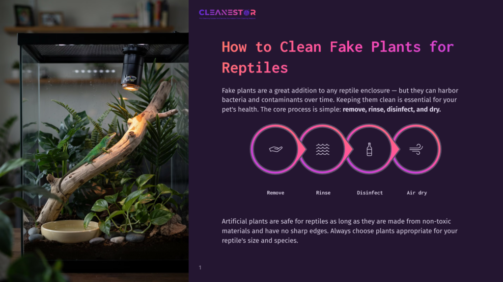 A Green Lizard Perches On A Branch In A Reptile Terrarium With Fake Plants, A Water Dish, And A Heat Lamp.