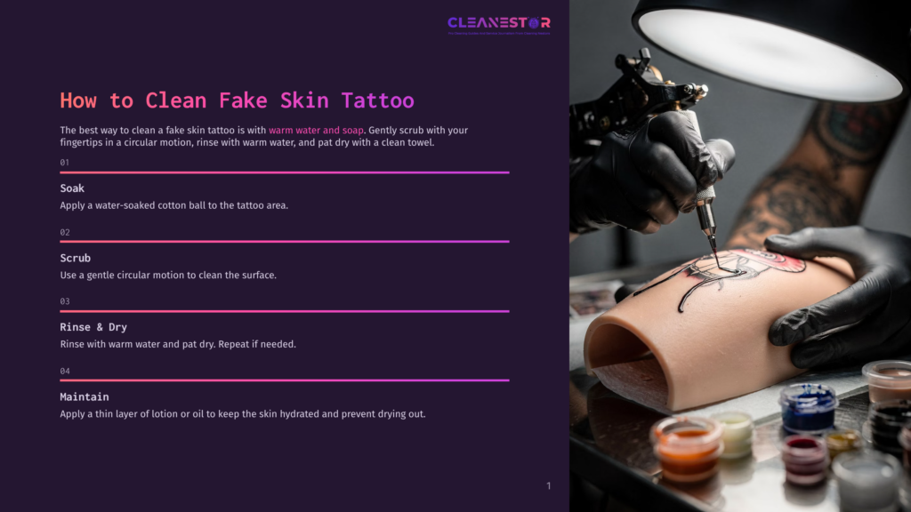How To Clean Fake Skin Tattoo&Quot; Text Overlay On A Dark Background. A Close-Up Shows Gloved Hands Tattooing A Fake Skin Practice Arm, With Ink Cups In The Foreground.