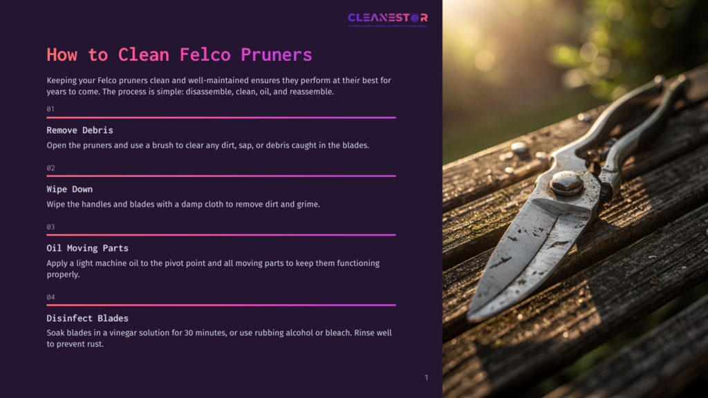Close-Up Of Well-Used Felco Pruners Resting On A Weathered Wooden Surface, With A Soft, Sunlit Bokeh Background Of Green Foliage. The Text &Quot;How To Clean Felco Pruners&Quot; Is Visible.