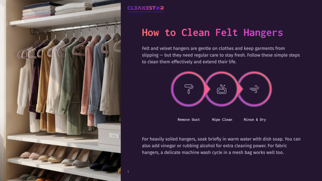 1 How To Clean Felt Hangers A Closet With Neatly Organized Felt Hangers Holding Colorful Clothes. The Image Includes Text: &Quot;Cleanestor&Quot;, &Quot;How To Clean Felt Hangers&Quot;, &Quot;Remove Dust&Quot;, &Quot;Wipe Clean&Quot;, &Quot;Rinse &Amp; Dry&Quot;.