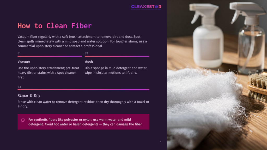 1 How To Clean Fiber Cleaning Supplies And A White Towel On A Dark Background. Text On The Left Details How To Clean Fiber.