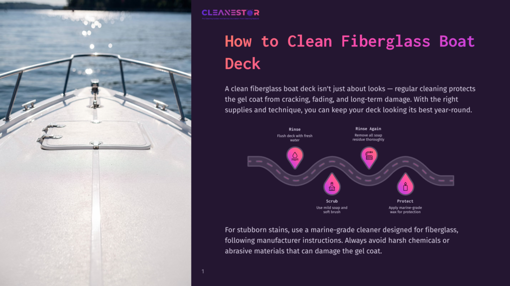 Top-Down View Of A Clean, White Fiberglass Boat Deck With A Polished Metal Railing, Leading Towards The Open Water Under A Bright Sky. Text Overlay Reads &Quot;How To Clean Fiberglass Boat Deck&Quot;.