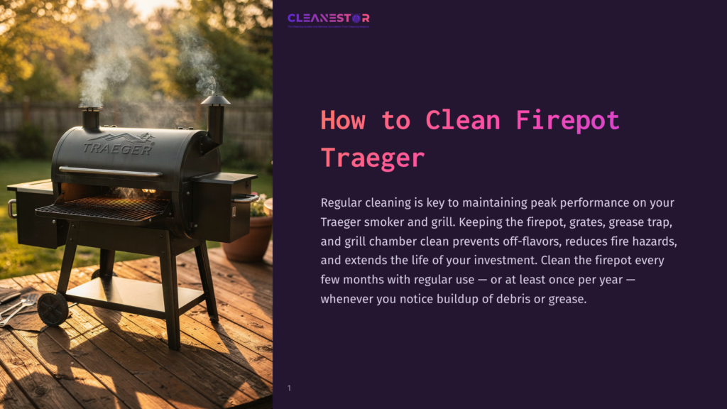 A Traeger Pellet Grill Smoker Sits Outdoors On A Wooden Deck, Emitting Smoke From Its Firepot. The Image Highlights The Grill'S Brand And The Importance Of Cleaning The Traeger Firepot For Optimal Performance.