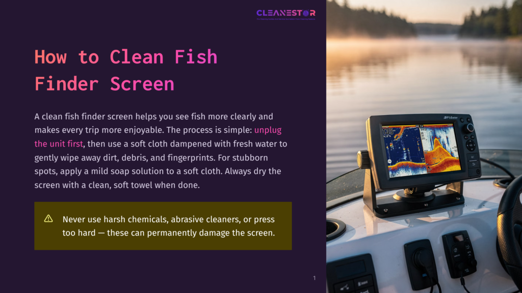 A Fish Finder Screen Displaying Sonar Data Sits Mounted On A Boat Dashboard, With The Text &Quot;How To Clean Fish Finder Screen&Quot; Overlaid On The Image.