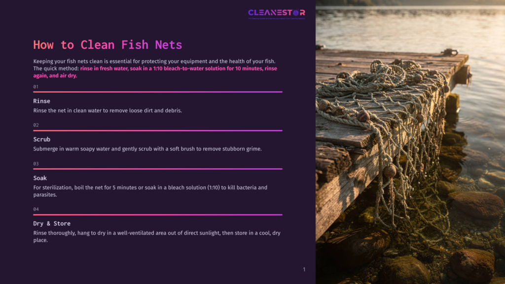 A Weathered Wooden Pier Extends Into Calm, Sun-Dappled Water, With Fishing Nets And Ropes Draped Over The Side. The Image Illustrates How To Clean Fish Nets.