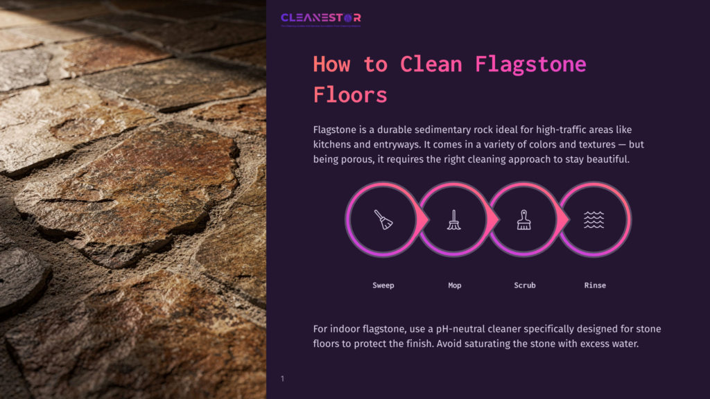 Close-Up Of Textured, Weathered Flagstone Flooring With Natural Earthy Tones, Illuminated By Warm Light. Text Overlay: &Quot;Cleanestor How To Clean Flagstone Floors&Quot;.