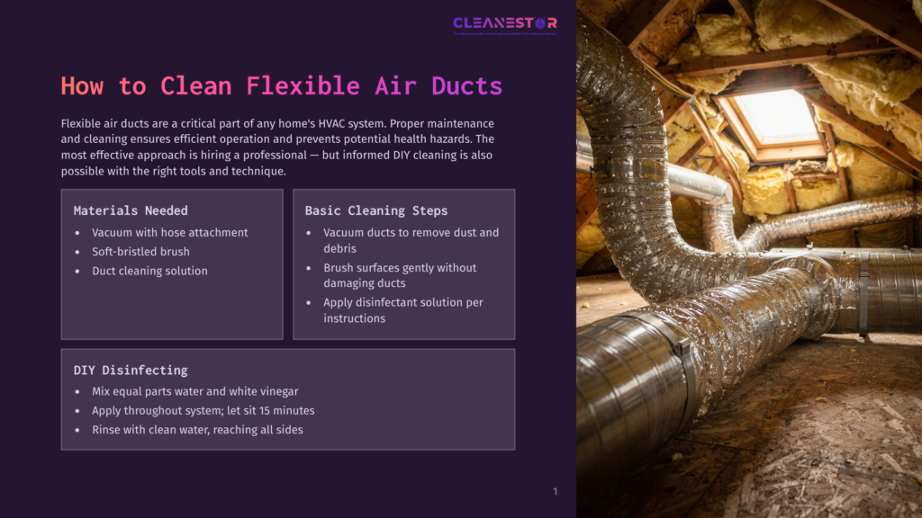 1 How To Clean Flexible Air Ducts Attic Crawl Space With Flexible Air Ducts, Showing The &Quot;Cleanestar&Quot; Logo And Text About Cleaning Flexible Air Ducts.