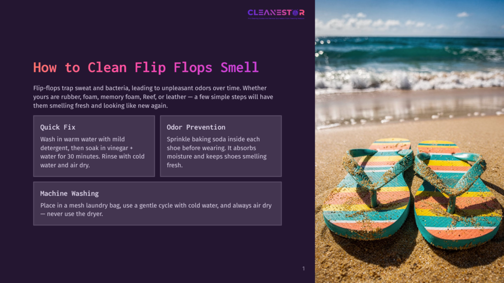 1 How To Clean Flip Flops Smell Colorful Striped Flip-Flops Sit On A Sandy Beach With Ocean Waves In The Background. The Text &Quot;How To Clean Flip Flops Smell&Quot; Is Visible.