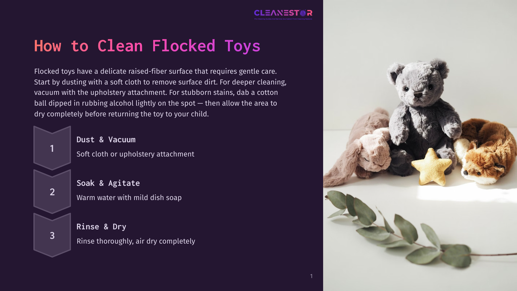 Fluffy Stuffed Animals, A Teddy Bear And A Fox, Sit On A White Surface Next To A Sprig Of Eucalyptus, With Text Overlay &Quot;How To Clean Flocked Toys&Quot;.