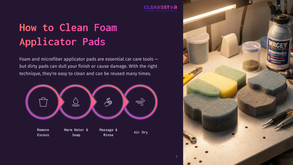 Graphic Illustrating How To Clean Foam Applicator Pads: Remove Excess, Wash With Warm Water &Amp; Soap, Rinse, And Air Dry. Foam Pads In Various Colors Are Shown On A Workbench.