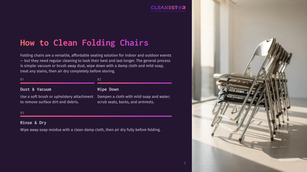 Cleanestor Logo And Title Text: &Quot;How To Clean Folding Chairs&Quot; With Numbered Steps For Cleaning Folding Chairs: Dust &Amp; Vacuum, Wipe Down, And Rinse &Amp; Dry. Stack Of Silver Folding Chairs In The Background.