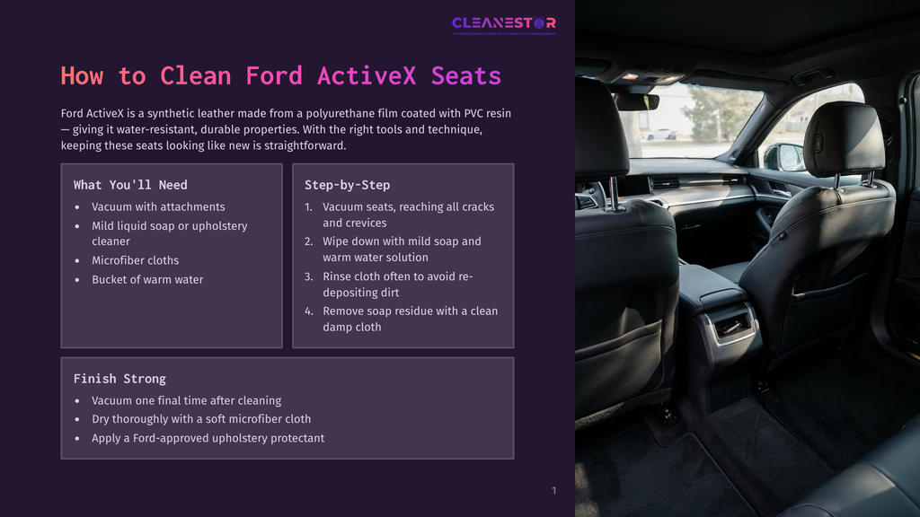 Interior Of A Ford Activex Car Showing Clean, Dark Leather Seats With A Focus On The Rear Seating Area And The Center Console. Text Overlay Provides Cleaning Instructions.