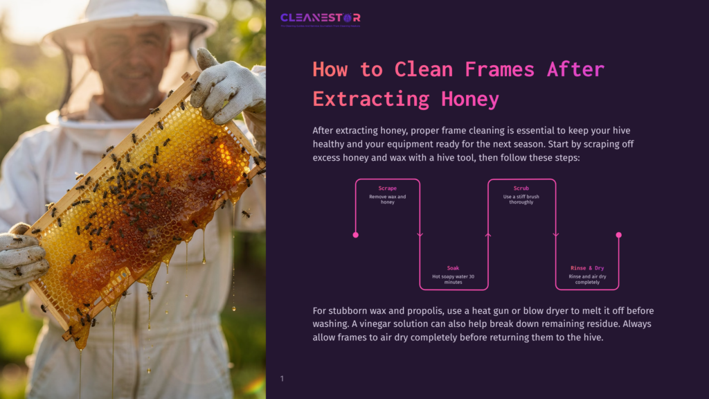 Beekeeper In A White Suit And Hat Holds A Honeycomb Frame Dripping With Honey, Showing Bees And Wax. Text Overlay: &Quot;How To Clean Frames After Extracting Honey.
