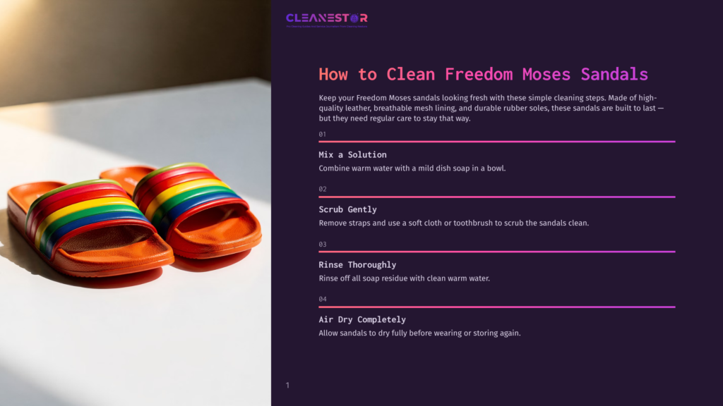 1 How To Clean Freedom Moses Sandals Brightly Colored Rainbow Stripe Freedom Moses Sandals Resting On A White Surface, With Text Overlay Detailing How To Clean The Sandals.