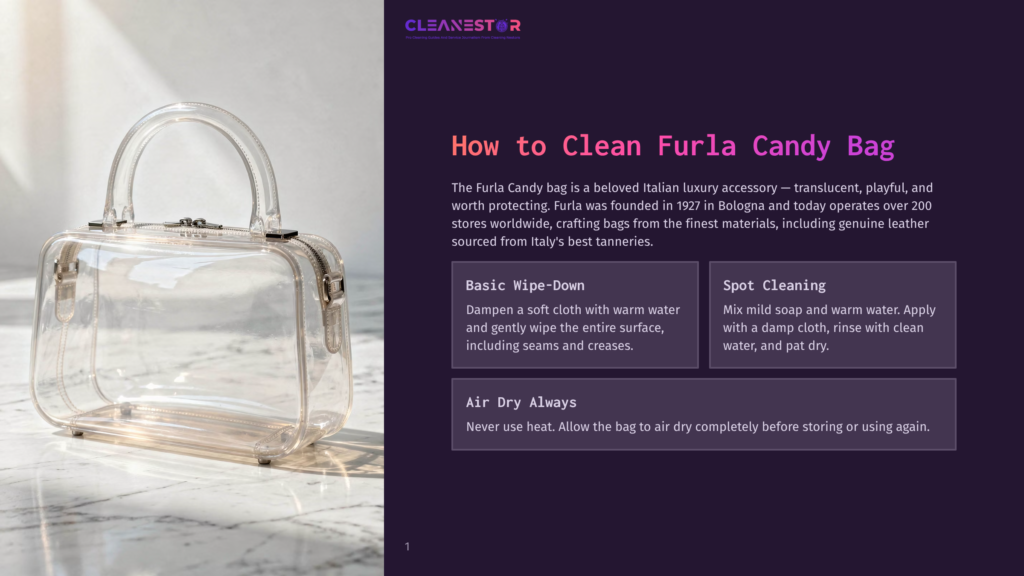 A Transparent Furla Candy Bag With A Light Pink Tint Sits On A Marble Surface. The Bag Is Clear Pvc With A Light Pink Leather Bottom And Handles. Text Overlays The Image: &Quot;Cleanestor&Quot;, &Quot;How To Clean Furla Candy Bag&Quot;, &Quot;Basic Wipe-Down&Quot;, And &Quot;Spot Cleaning&Quot;.