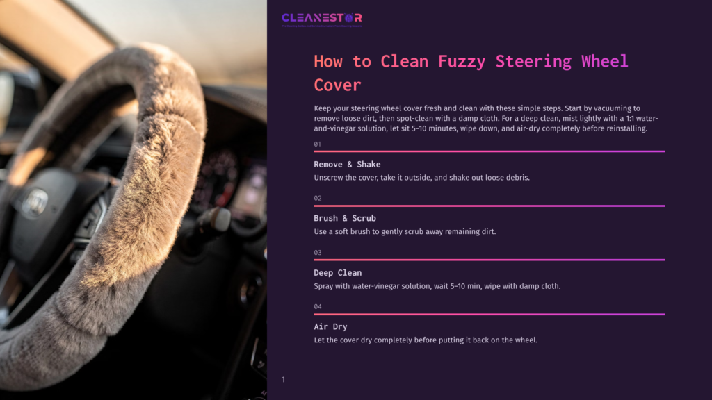 A Close-Up Of A Fuzzy, Tan Steering Wheel Cover On A Car'S Steering Wheel, With The Cleanestor Logo And Cleaning Instructions Visible On The Right.