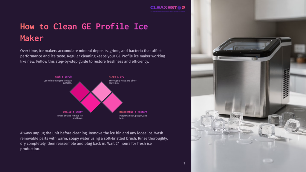 1 How To Clean Ge Profile Ice Maker A Ge Profile Ice Maker Is Cleaned Using A Step-By-Step Guide With Colorful Diagrams Showing Wash, Rinse, And Dry Steps. The Guide, Titled &Quot;How To Clean Ge Profile Ice Maker,&Quot; Emphasizes Using Mild Detergent And A Soft-Bristled Brush.