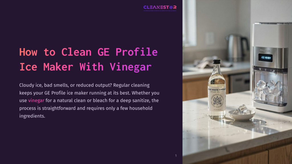 A Ge Profile Ice Maker With A Bottle Of White Vinegar And A Small Bowl Of Ice In A Kitchen.