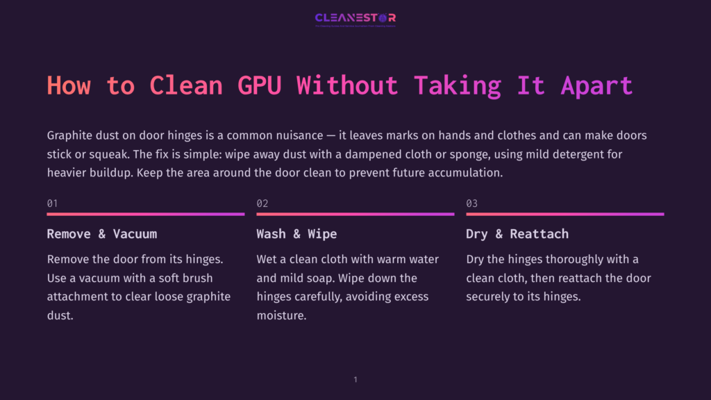 1 How To Clean Gpu Without Taking It Apart Infographic Titled &Quot;How To Clean Gpu Without Taking It Apart&Quot; With Three Steps: Remove &Amp; Vacuum, Wash &Amp; Wipe, And Dry &Amp; Reattach. The Background Is Dark Purple With A Gradient From Pink To Purple.