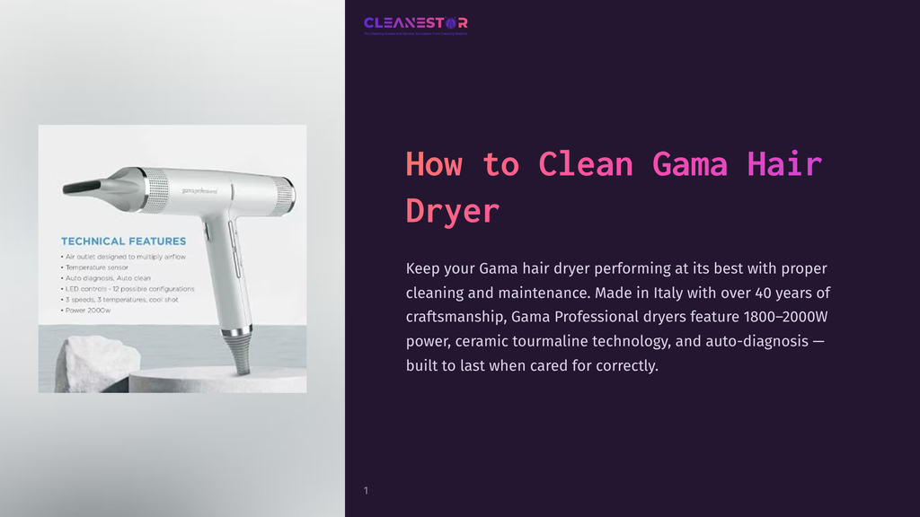 Silver Gama Professional Hair Dryer With &Quot;Gamaprofessional&Quot; Logo Sits On A White Pedestal Against A Blurred Background. Features Include Air Outlet, Temperature Sensor, Auto Diagnosis, Led Controls, 3 Speeds, 3 Temperatures, And 2000W Power.