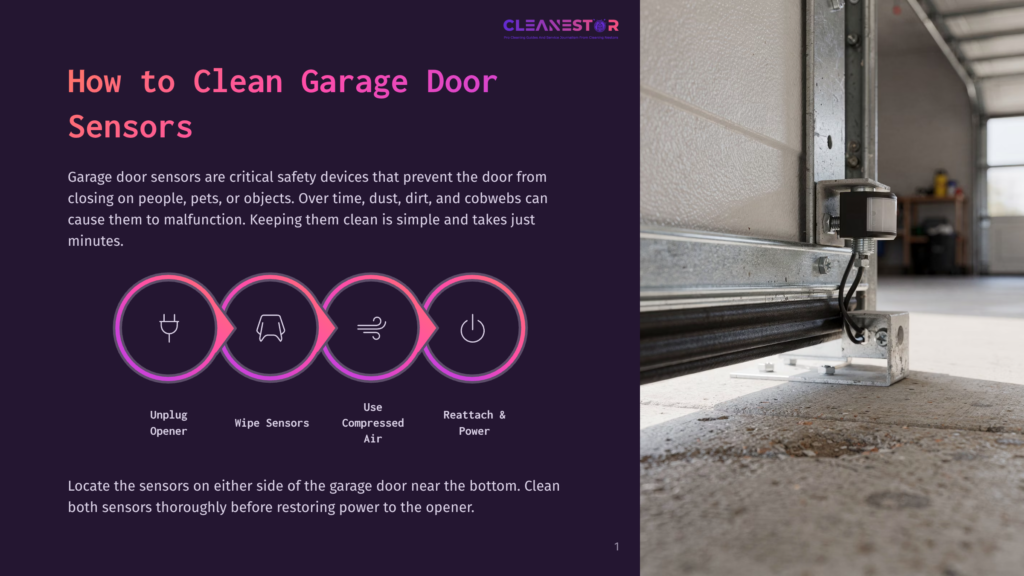 Infographic Illustrating How To Clean Garage Door Sensors With Icons For Unplugging The Opener, Wiping Sensors, Using Compressed Air, And Reattaching Power. Text Reads &Quot;How To Clean Garage Door Sensors.