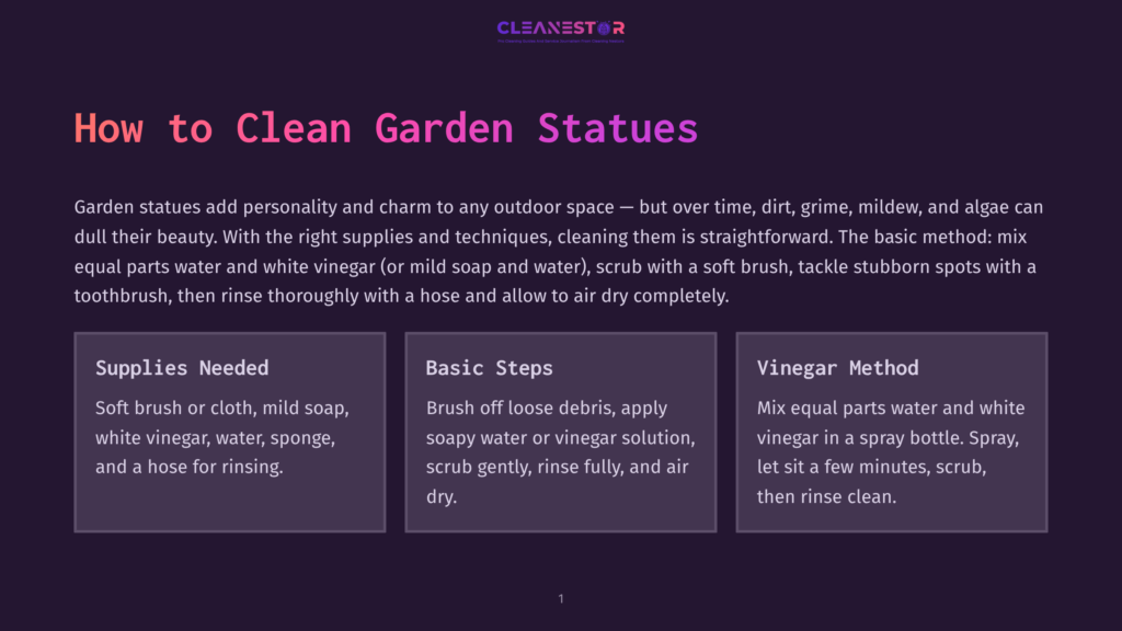 1 How To Clean Garden Statues A Graphic Titled &Quot;How To Clean Garden Statues&Quot; With Instructions On Using A Basic Method Of Equal Parts Water And White Vinegar, And A Separate Vinegar Method.