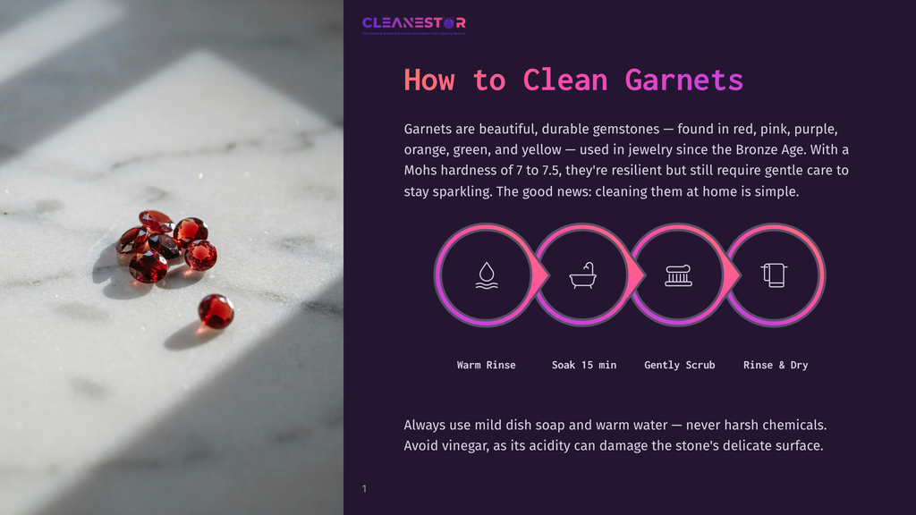 Close-Up Of Sparkling Deep Red Garnets On A White Marble Surface, With A Blurred Background. The Image Is Part Of A Guide On How To Clean Garnets.