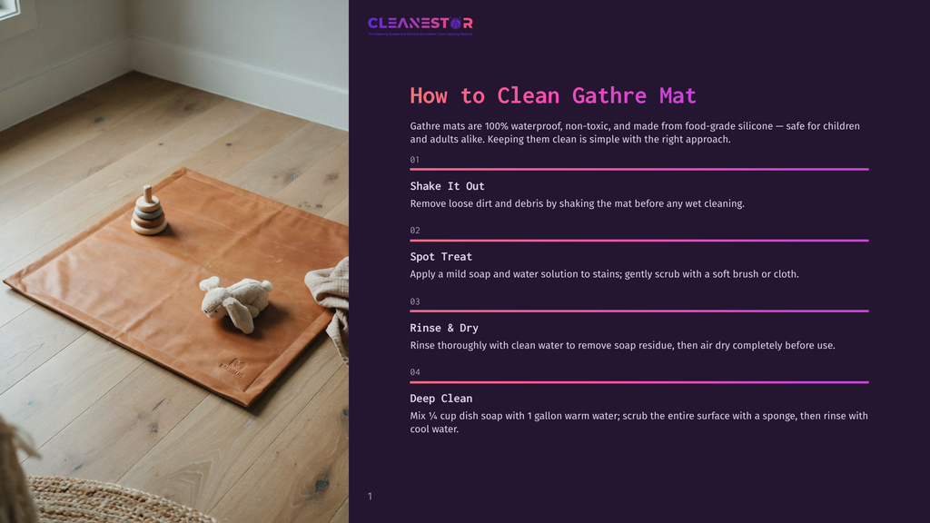 A Brown, Waterproof, Food-Grade Silicone Gathre Mat Is Laid Out On A Light Wood Floor, With A Wooden Toy And A Plush Bunny On It. Text Overlay Provides Cleaning Instructions For The Mat.
