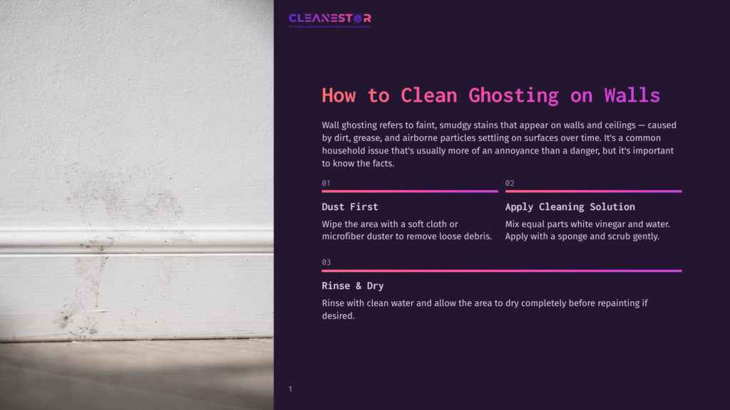 1 How To Clean Ghosting On Walls Close-Up Of Faint, Smudge-Like Ghosting Stains On A White Painted Wall And Baseboard, Indicating A Need For Wall Cleaning.
