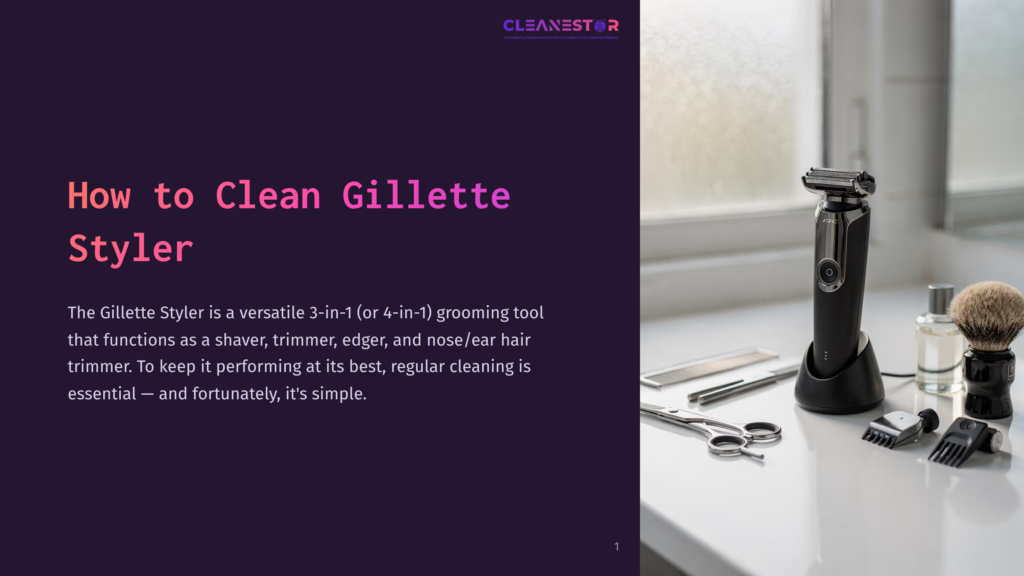 A Black Gillette Styler Grooming Kit With A Charging Base, Shaving Brush, Comb, And Grooming Oil On A White Marble Countertop.