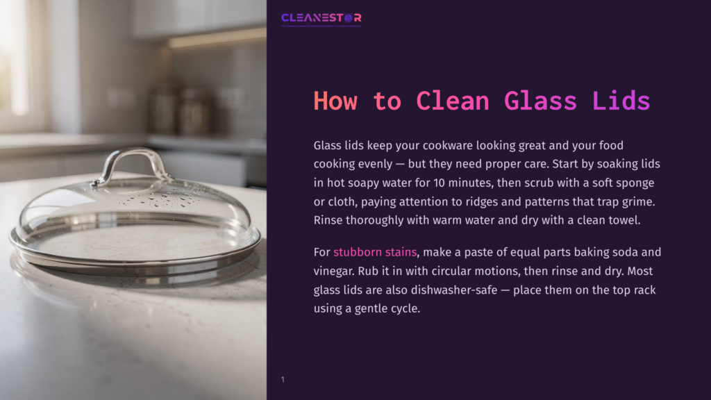 A Clean Glass Lid With A Metal Rim Sits On A White Marble Countertop, Reflecting Water Droplets, With The Text &Quot;Cleanestor&Quot; And &Quot;How To Clean Glass Lids&Quot; Visible On The Right.