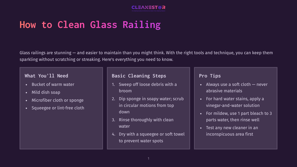 How To Clean Glass Railing: Steps And Tips For Cleaning Glass Railings, Including Materials Needed Like Warm Water, Mild Dish Soap, Microfiber Cloth, And Squeegee.
