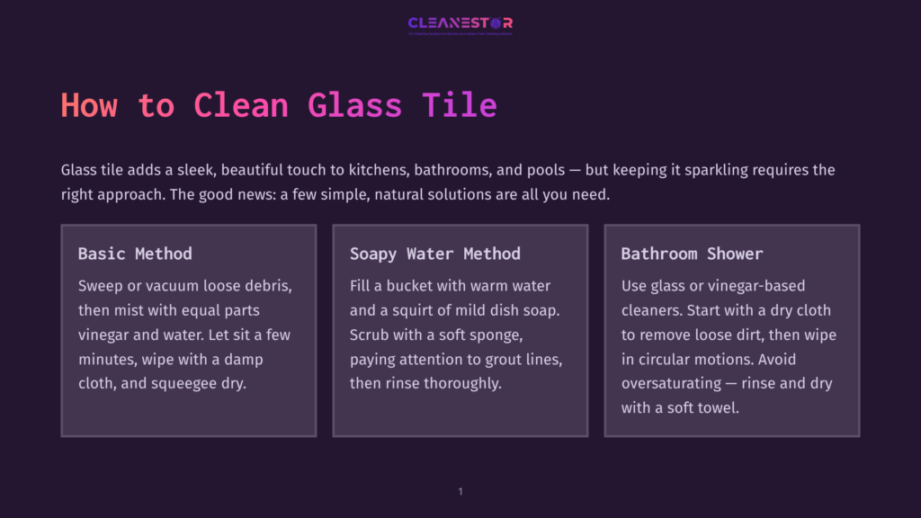 A Presentation Slide Titled &Quot;How To Clean Glass Tile&Quot; From Cleanestor, Detailing Three Cleaning Methods: Basic Method, Soapy Water Method, And Bathroom Shower.
